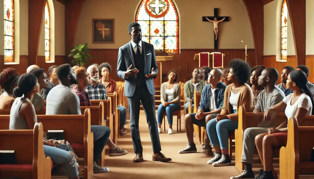 Lazy Lake, Florida Christian Counselors, Coaches, Nutritionist, Therapist & Wellness Coaches 2 DALL·E 2024 07 05 15.05.20 A black Christian counselor coaching a black community in a church setting. The counselor is standing at the front speaking passionately and engaging